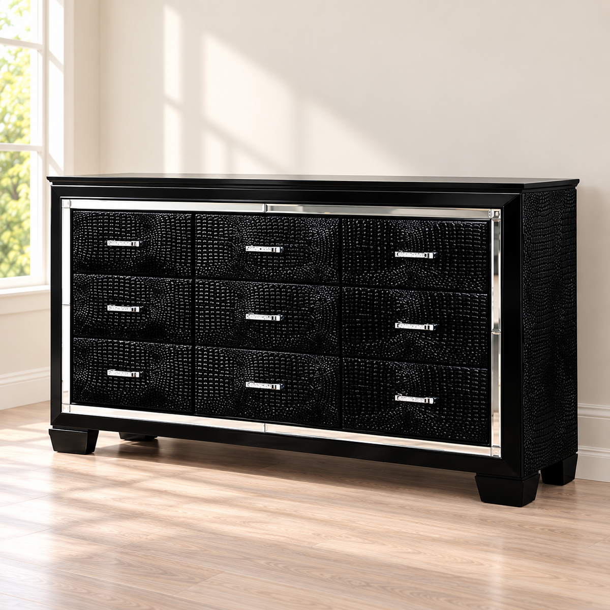 FoA Obsidian Arc LED Upholstered Bedroom Set | 4PC Queen | Black |