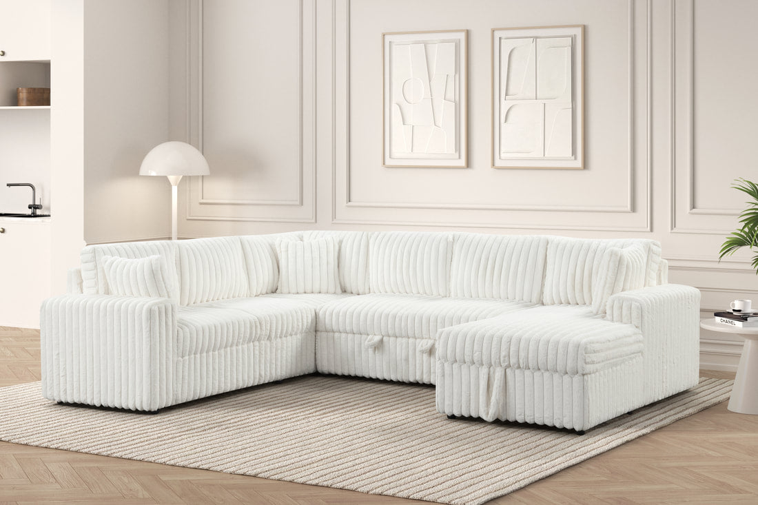 Beige Sleeper Sectional with Storage Chaise & USB Charging