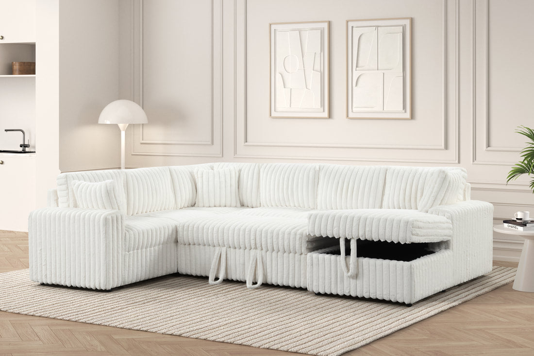Beige Sleeper Sectional with Storage Chaise & USB Charging