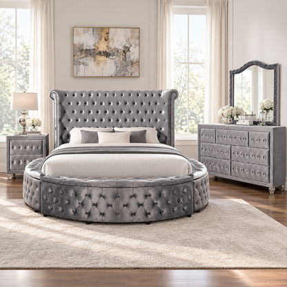 FoA Velvet Halo Queen Round Storage Bedroom Set | 4PC | Gray |