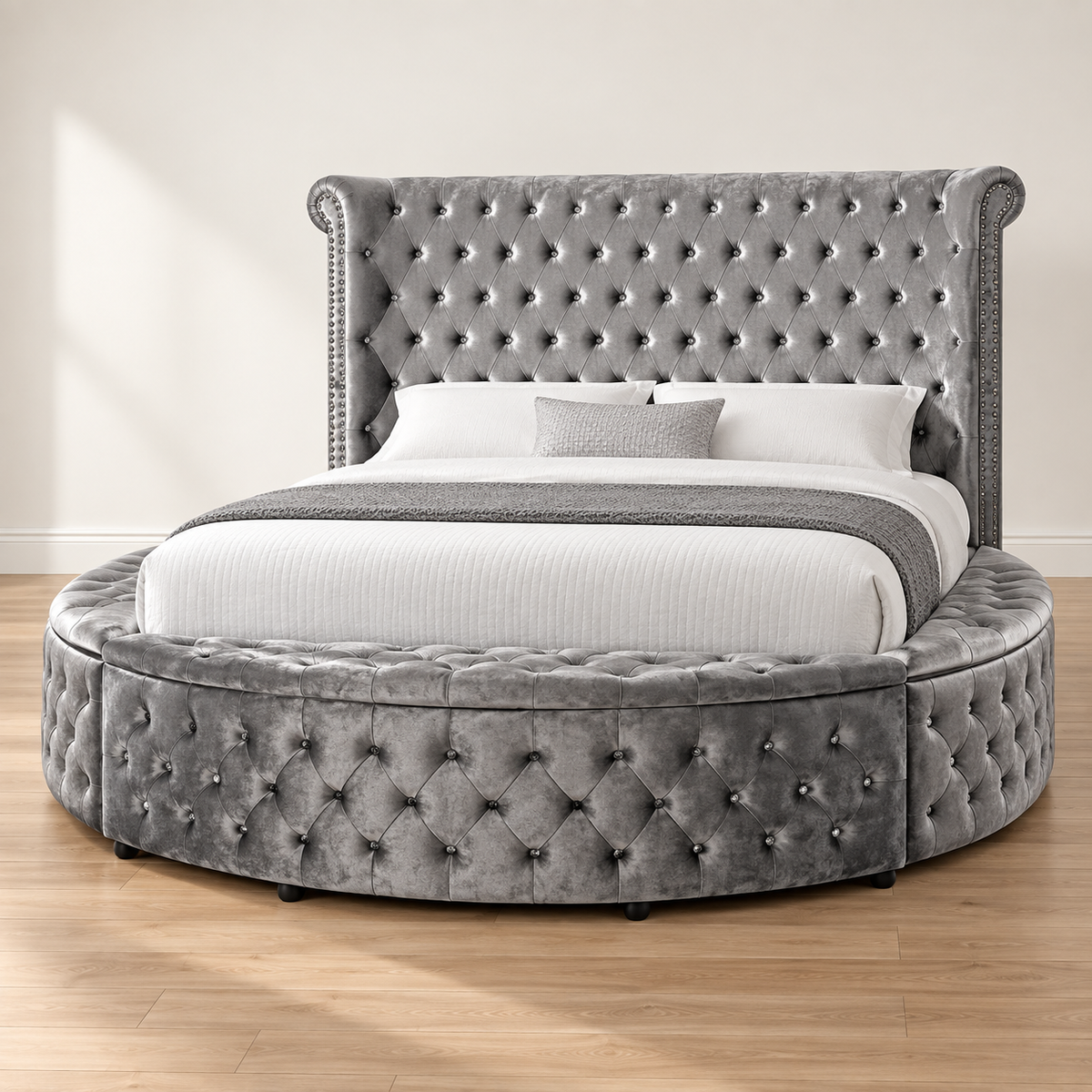 FoA Velvet Halo Queen Round Storage Bedroom Set | 4PC | Gray |