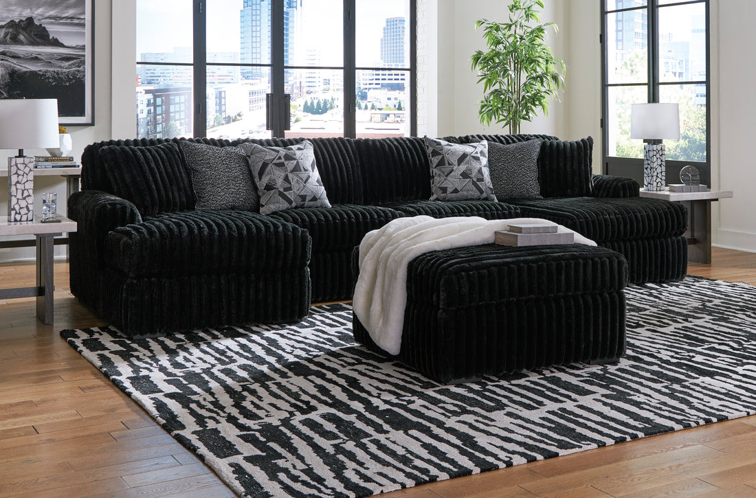 Black Corduroy Sectional with Chaise & Matching Ottoman