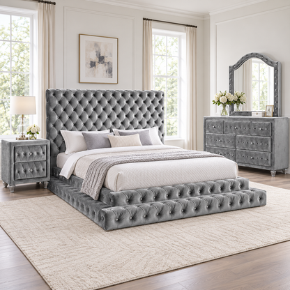 FoA Velvet Crown Queen Step Platform Bedroom Set | 4PC | Gray |