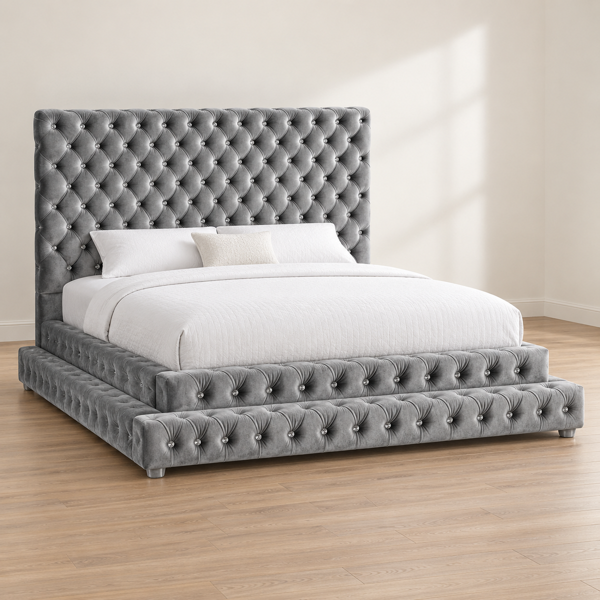 FoA Velvet Crown Queen Step Platform Bedroom Set | 4PC | Gray |