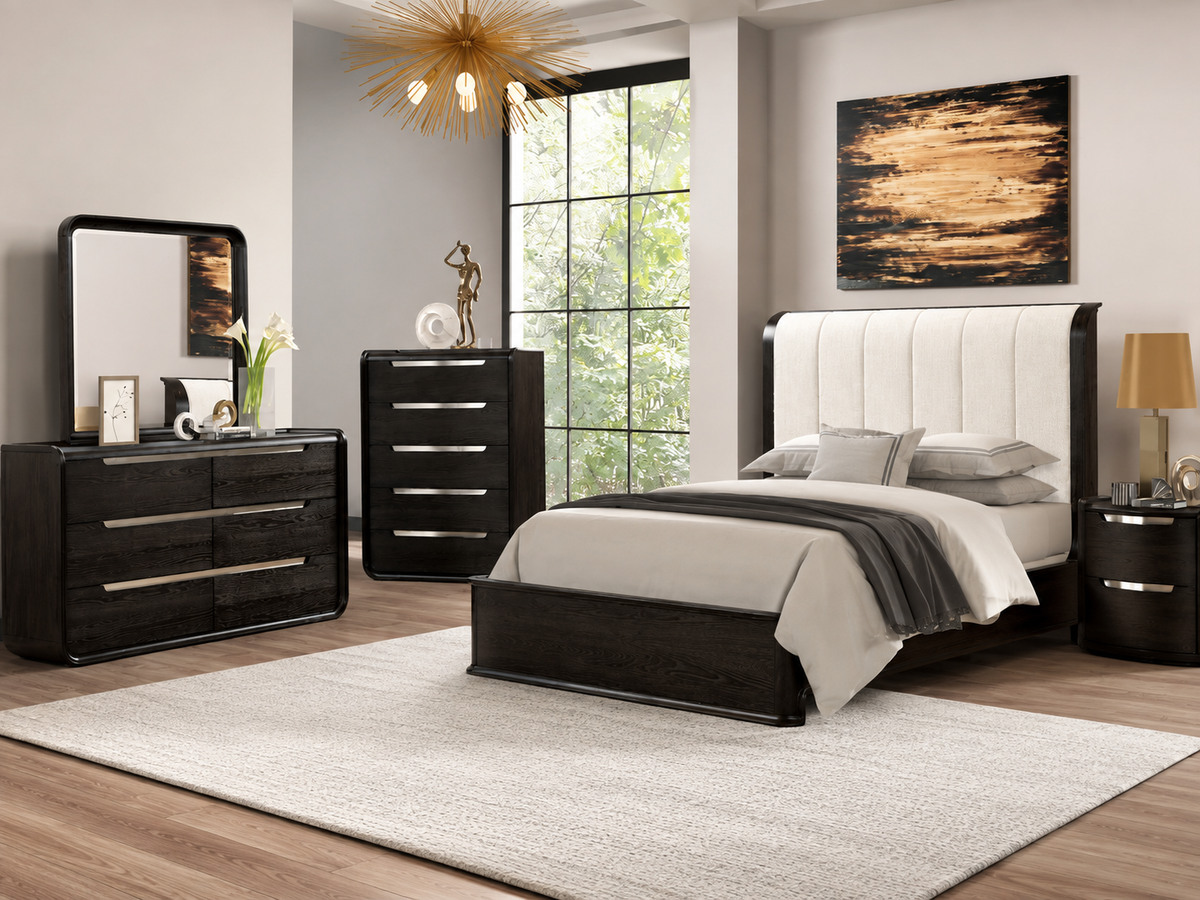 FoA Arclight Bedroom Set | 5PC Queen + Chest | Black / Light Gray |