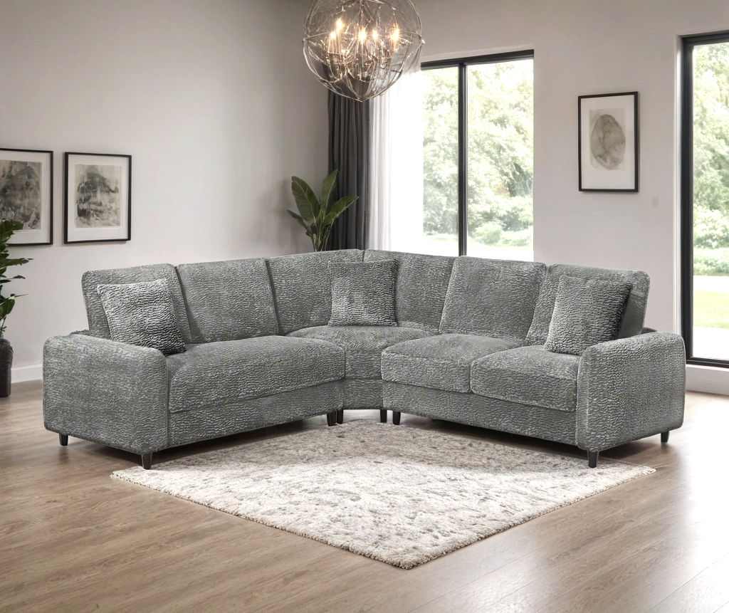 Silver Cloud Teddy Fabric Corner Sectional with USB Ports