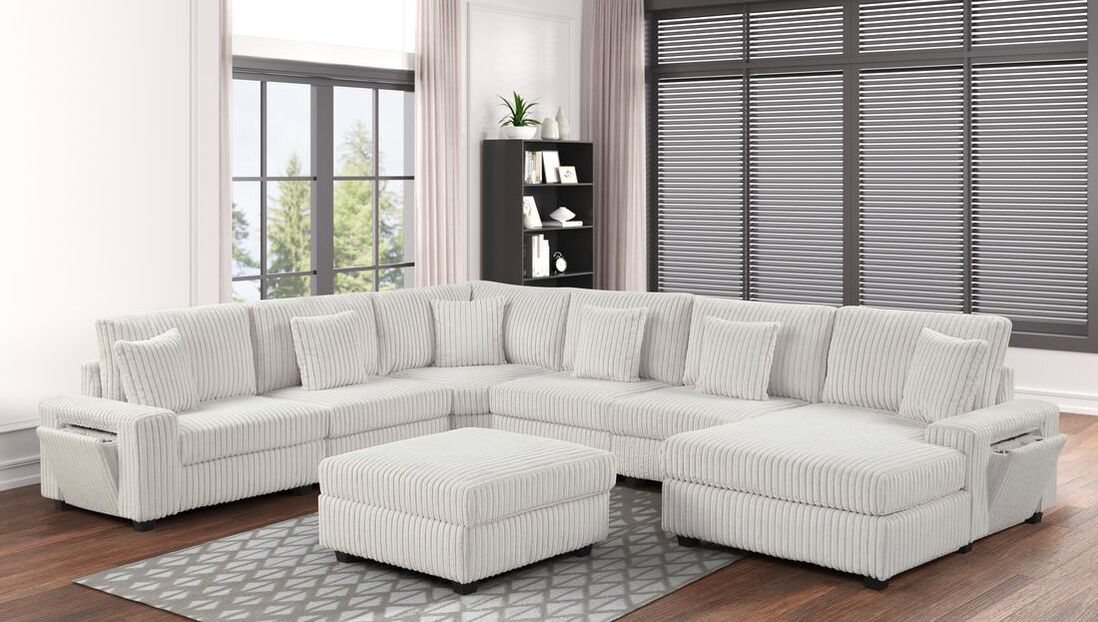 Bazooka Beige 7-Piece Oversized Corduroy Sectional with Ottoman