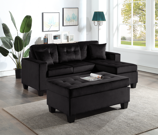 Naomi Black Velvet Sectional with Reversible Chaise & Ottoman