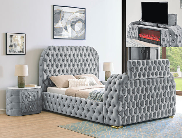 BED W/FIREPLACE,TV LIFT GY