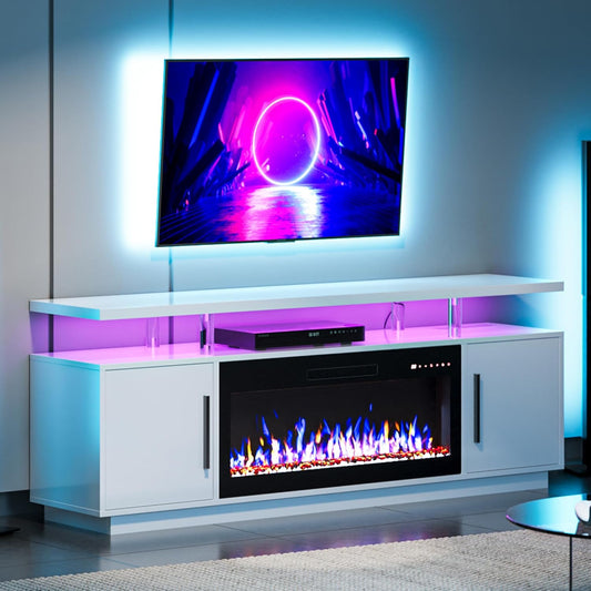 Fireplace TV Stand for TVs Up to 80", LED Light Entertainment Center with 36" Electric Fireplace Heater, Storage Cabinet, Media Console Table for Living Room