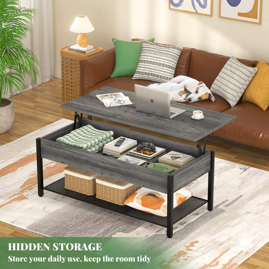 Black oak  Lift Top Coffee Table with Storage Shelf and Hidden Compartment,