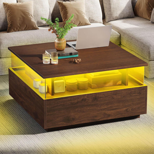 LED Coffee Tables for Living Room with Storage 2 Drawers, Brown color