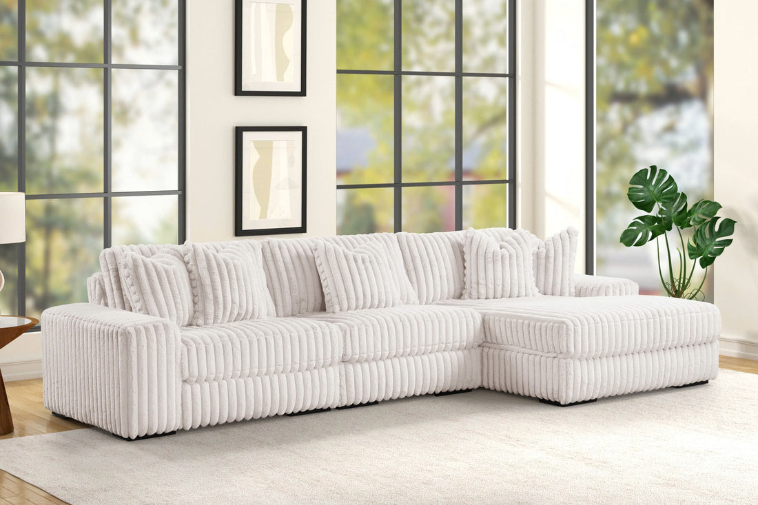 Beige Plush Corduroy 3-Piece Sectional with Chaise