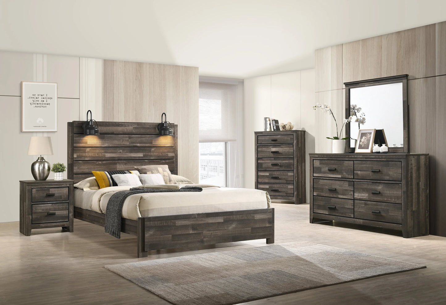 B7 5pcs Brown Bedroom Set with lights overboard