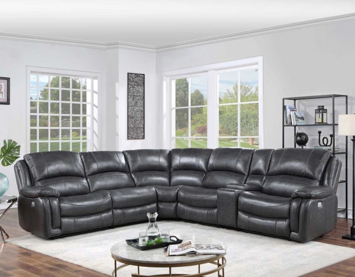 Merlot leather Dual-Power 6-Piece Sectional, Charcoal SS