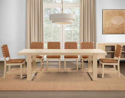 5-Piece 77-95″ Dining Set, Sand Finish with Camel Vegan Leather SS
