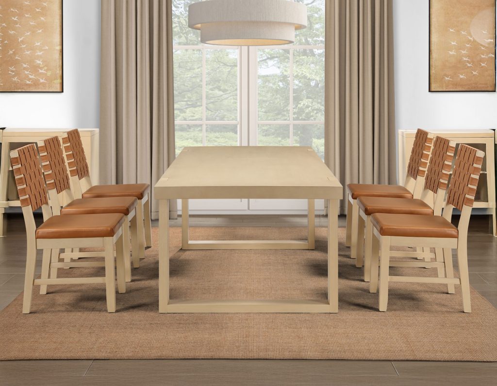 5-Piece 77-95″ Dining Set, Sand Finish with Camel Vegan Leather SS