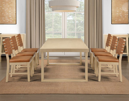 5-Piece 77-95″ Dining Set, Sand Finish with Camel Vegan Leather SS