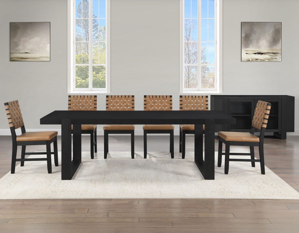 5-Piece Dining Set, Black Finish with Saddle Brown Vegan Leather SS