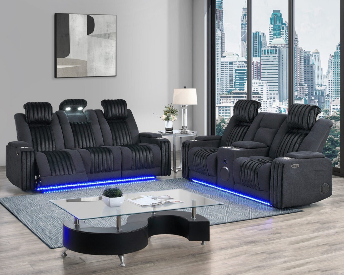Grey transformer leather power led  sofa + love seat