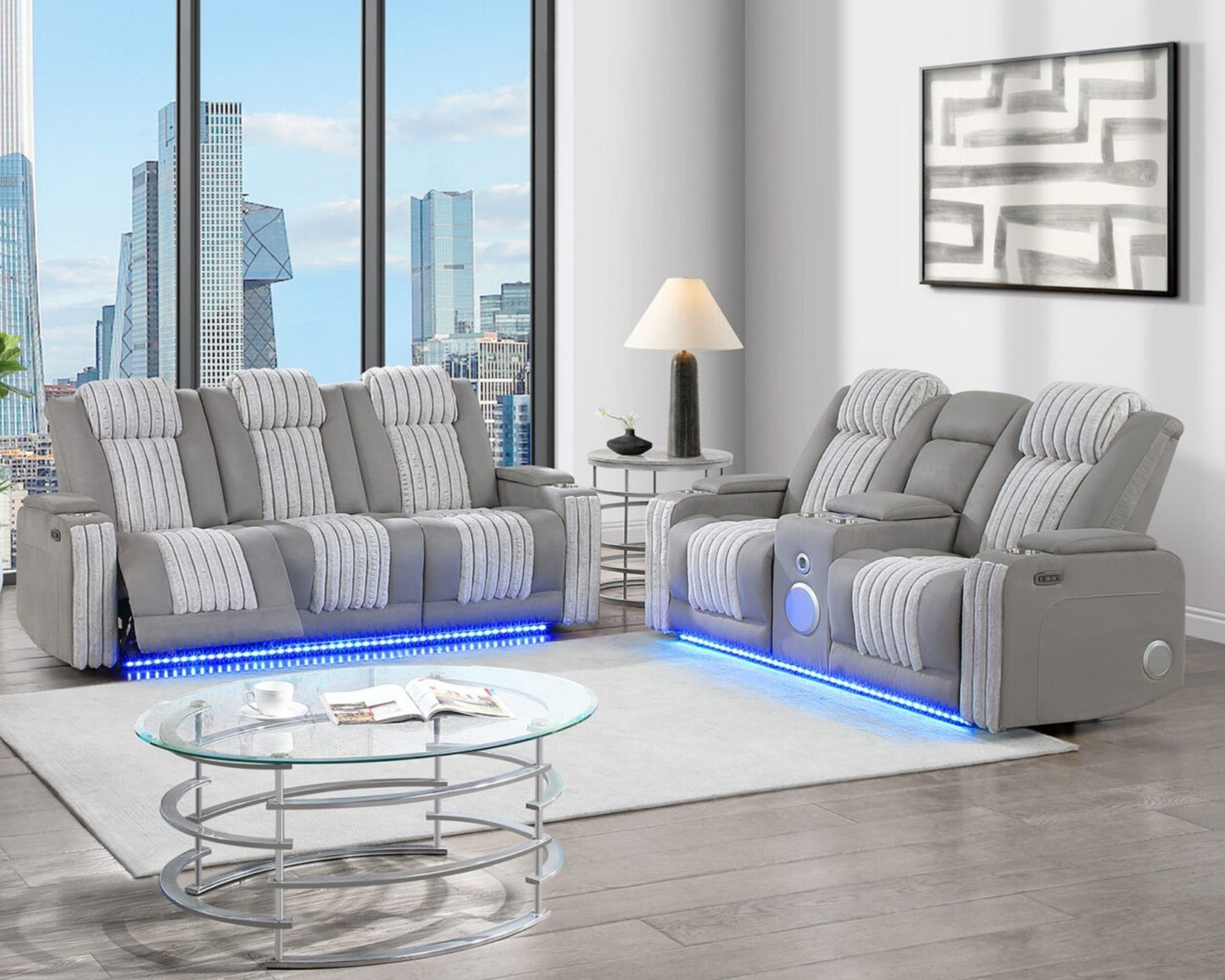 Grey transformer leather power led  sofa + love seat
