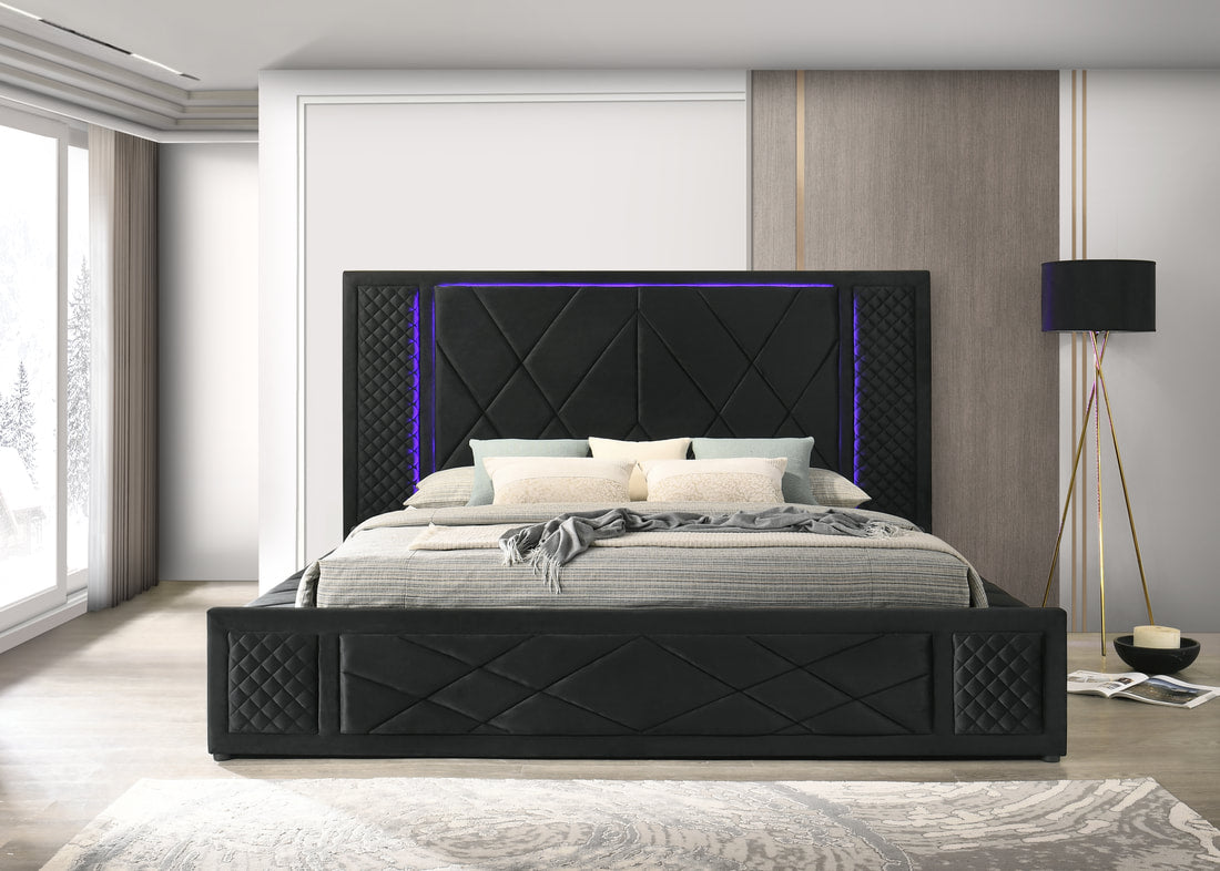 HH Lorenzo Velvet Platform w/ LED Light & Bluetooth Speakers | Black | Queen, King