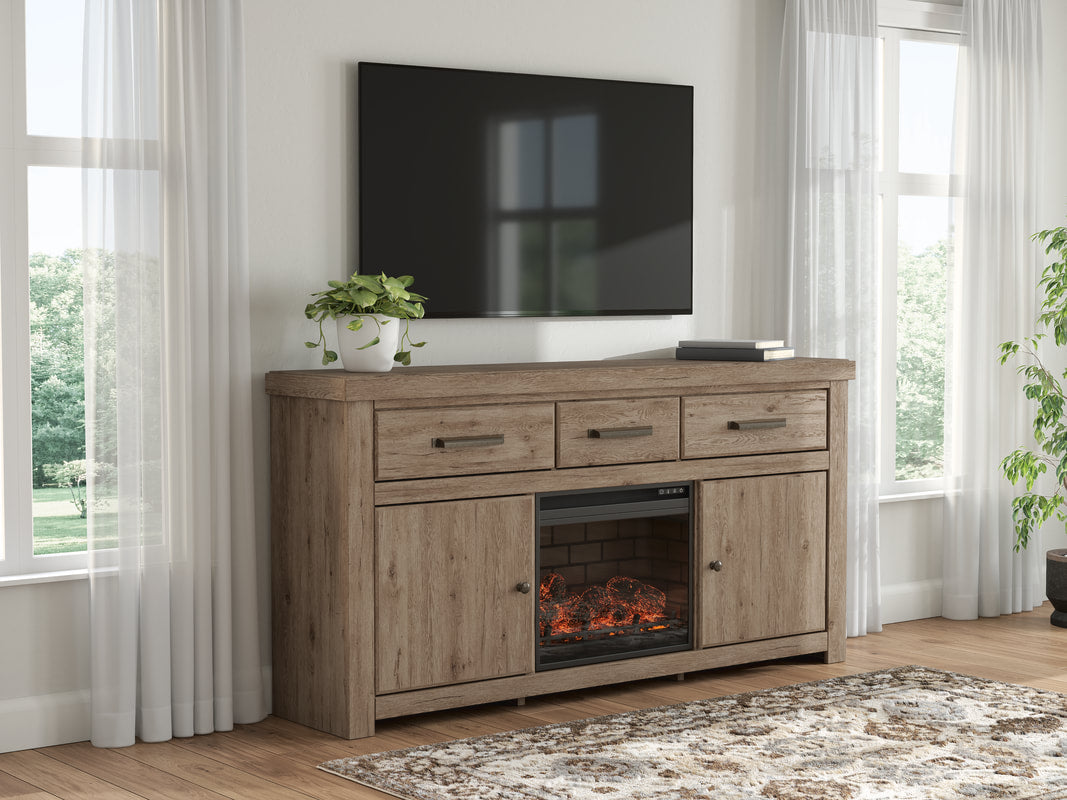 HH 73" TV Stand with Electric Fireplace | Brown |